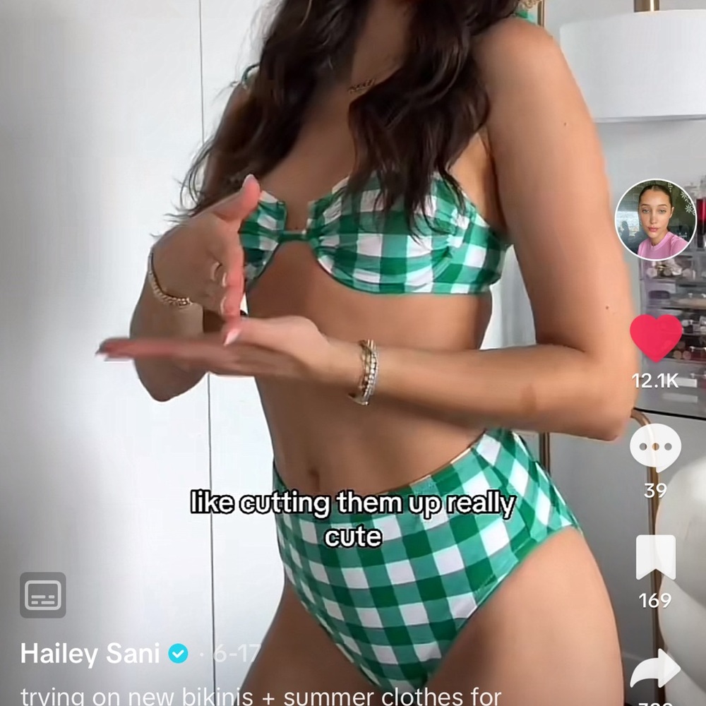 J Crew Tie shoulder underwire bikini top & high rise in kelly green Gingham